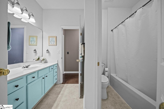 bathroom featuring shower / bath combination with curtain, toilet, tile patterned floors, and vanity