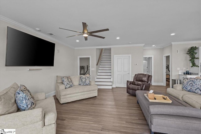 145 Brady Dr, Anderson, SC 29626 - living room with visible vents, stairs, ornamental molding, recessed lighting, and wood finished floors
