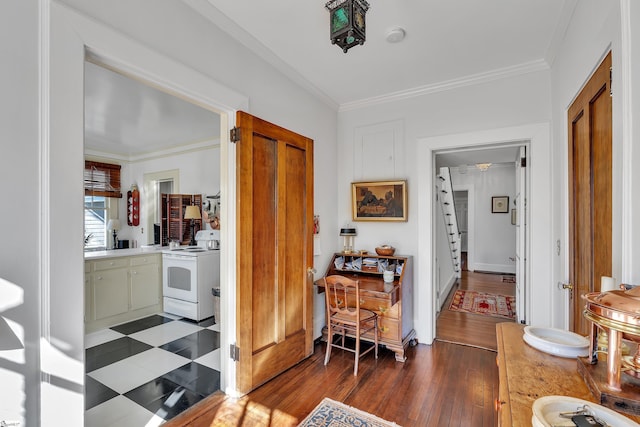 hall featuring crown molding and dark wood-type flooring