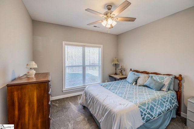 bedroom with visible vents, baseboards, dark colored carpet, and ceiling fan