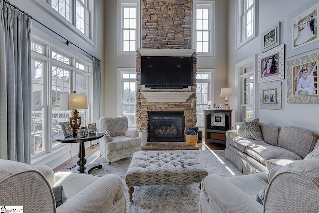 living room with wood finished floors and a fireplace