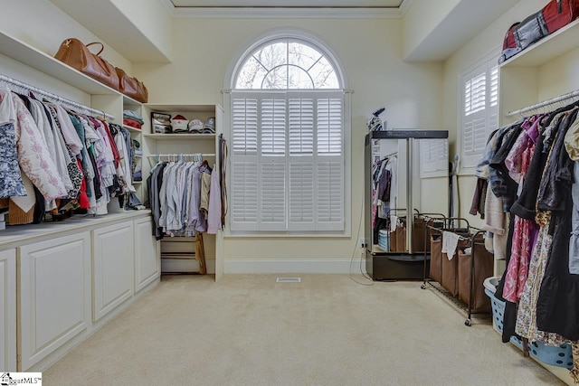 walk in closet with light colored carpet