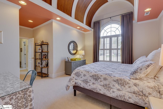 bedroom with visible vents, recessed lighting, carpet flooring, crown molding, and baseboards