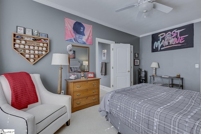 bedroom featuring carpet, ceiling fan, and crown molding