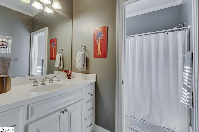 bathroom with a shower with shower curtain, ornamental molding, and vanity