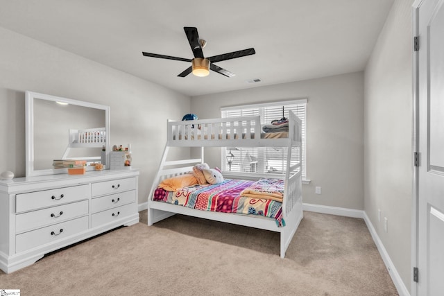 504 Reedy Springs Ln, Greenville, SC 29605 - bedroom featuring visible vents, light carpet, baseboards, and ceiling fan