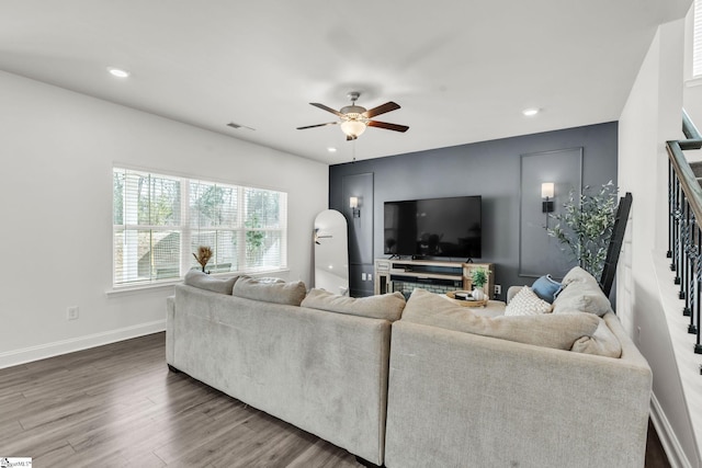 504 Reedy Springs Ln, Greenville, SC 29605 - living room featuring a ceiling fan, dark wood-style floors, recessed lighting, stairway, and baseboards