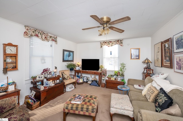 carpeted living room with ceiling fan