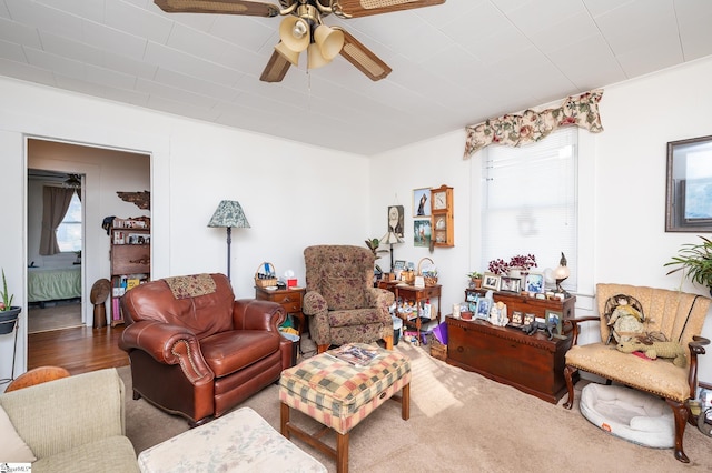 living room featuring a ceiling fan