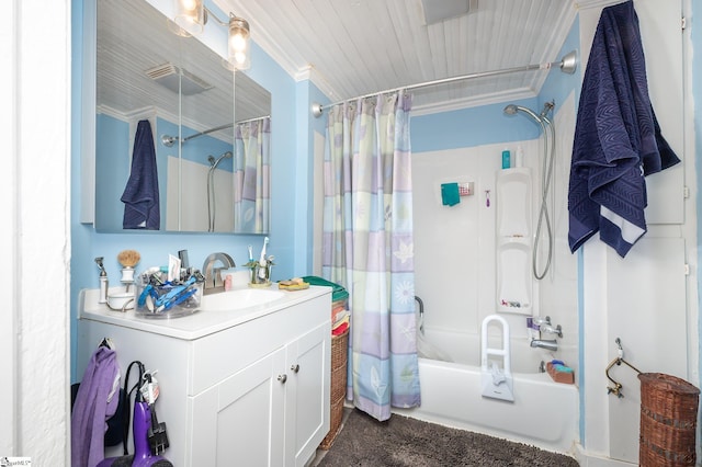 full bathroom with vanity, shower / bath combination with curtain, visible vents, and ornamental molding