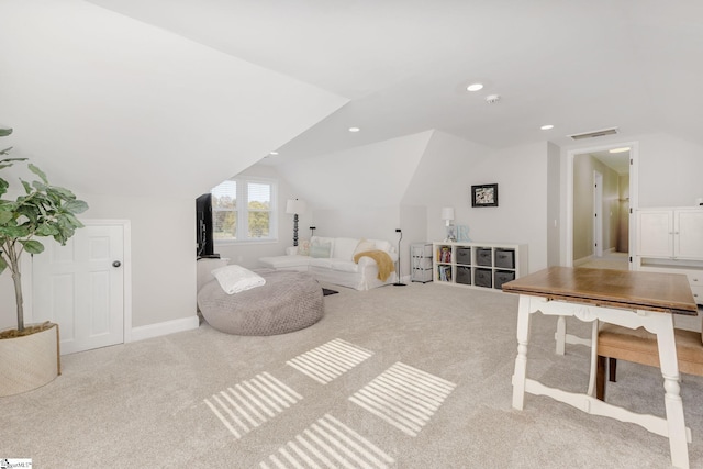 bedroom with recessed lighting, visible vents, carpet, and vaulted ceiling