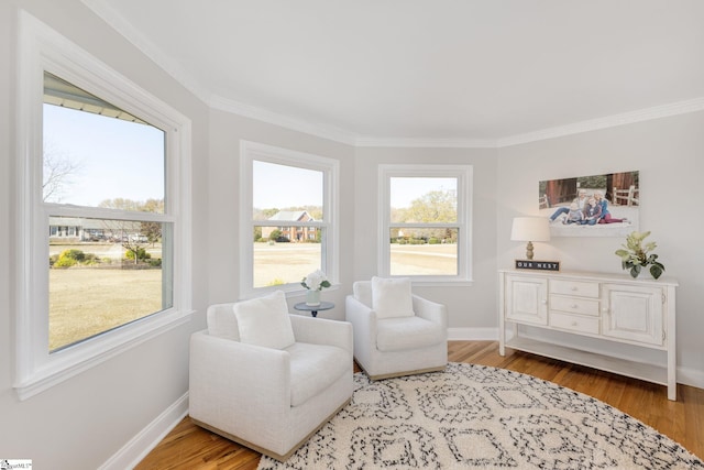 living area featuring crown molding, baseboards, and wood finished floors