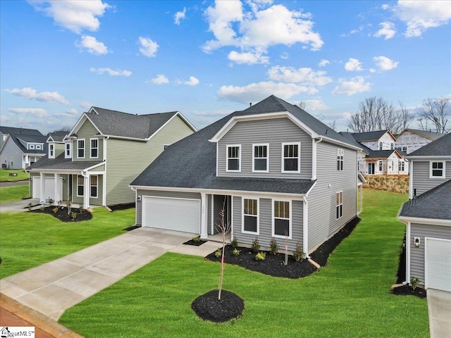 view of front of property featuring an attached garage, a residential view, a front yard, roof with shingles, and driveway