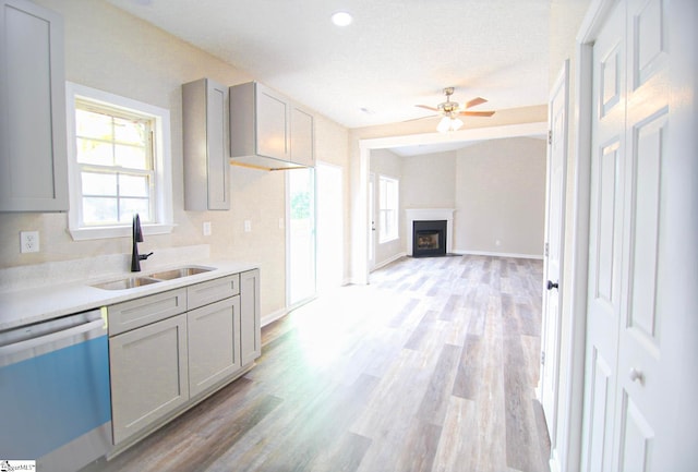 kitchen with dishwashing machine, gray cabinetry, a fireplace, and a sink