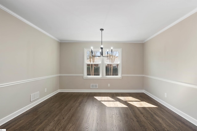 unfurnished dining area with baseboards, visible vents, and dark wood-style flooring