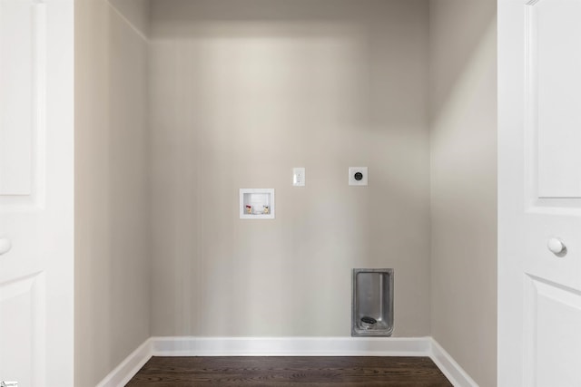 laundry room with baseboards, laundry area, hookup for a washing machine, electric dryer hookup, and dark wood-style flooring