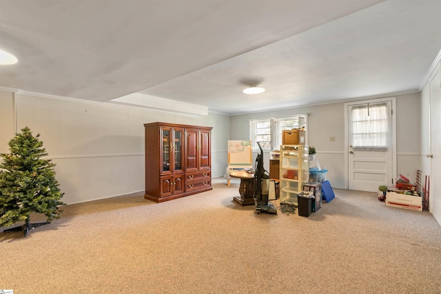 playroom featuring ornamental molding and carpet flooring