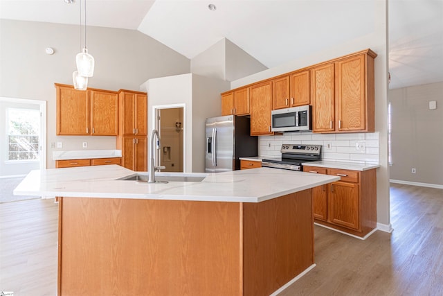 kitchen featuring a large island, light wood-style flooring, a sink, backsplash, and stainless steel appliances