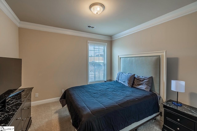 bedroom with visible vents, baseboards, carpet, and ornamental molding