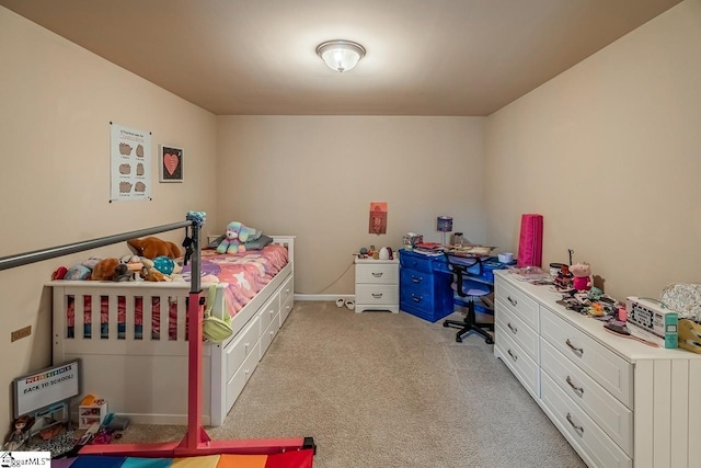 bedroom featuring light colored carpet