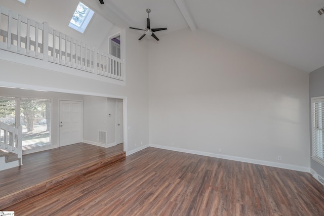 unfurnished living room with dark wood finished floors, beam ceiling, a skylight, and a wealth of natural light