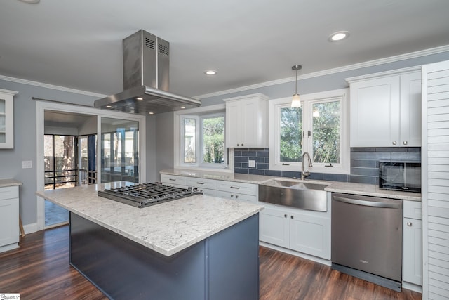 kitchen featuring ornamental molding, island exhaust hood, a sink, dark wood finished floors, and stainless steel appliances