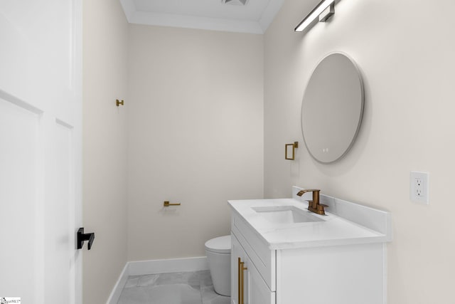 bathroom with vanity, visible vents, baseboards, toilet, and marble finish floor