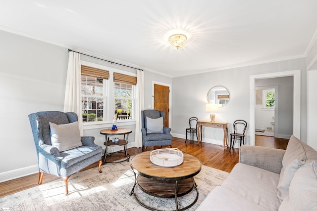 living area with plenty of natural light, baseboards, and wood finished floors