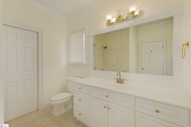 full bath with crown molding, walk in shower, toilet, tile patterned floors, and vanity