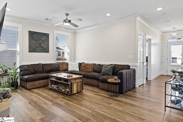 living room featuring plenty of natural light, crown molding, a ceiling fan, and wood finished floors