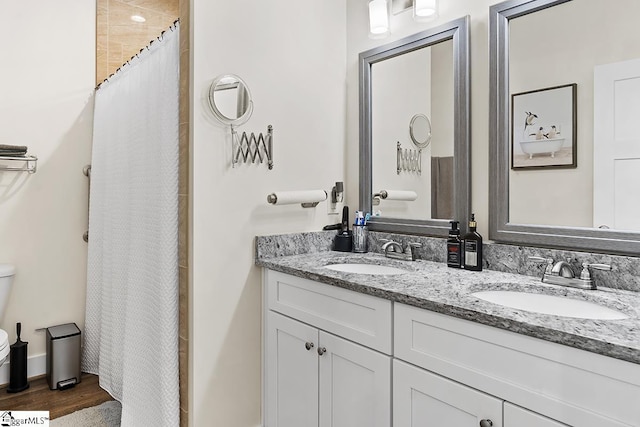 bathroom with double vanity, toilet, wood finished floors, and a sink