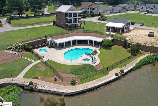 aerial view featuring a water view