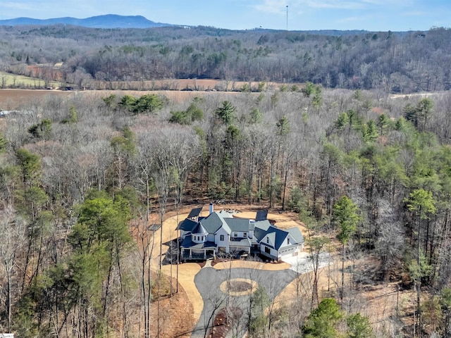 drone / aerial view with a wooded view