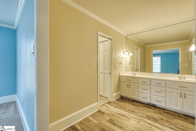 bathroom with ornamental molding, a sink, wood finished floors, double vanity, and baseboards