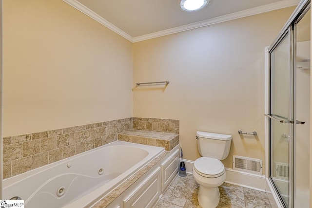 bathroom featuring visible vents, a stall shower, toilet, and ornamental molding