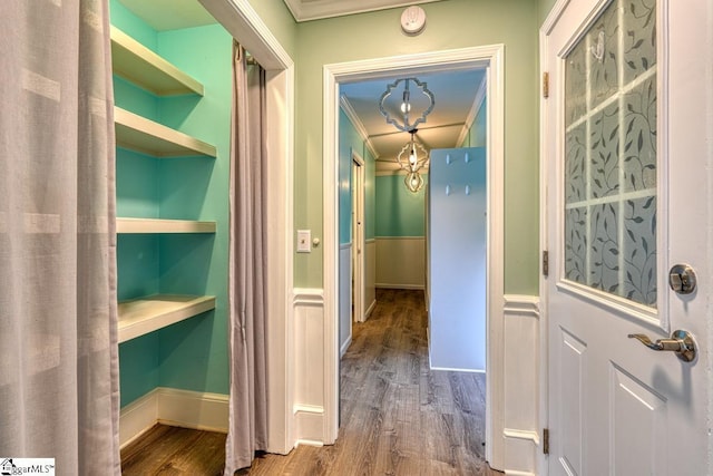 hallway featuring crown molding, built in features, wood finished floors, and a wainscoted wall