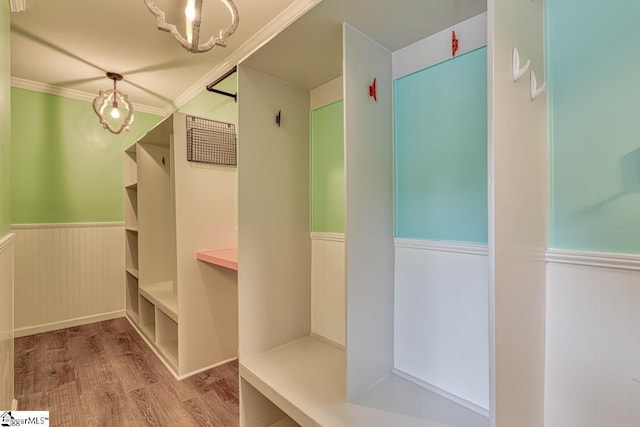 mudroom with a wainscoted wall, wood finished floors, and crown molding