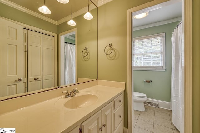 full bathroom with visible vents, toilet, ornamental molding, tile patterned floors, and vanity