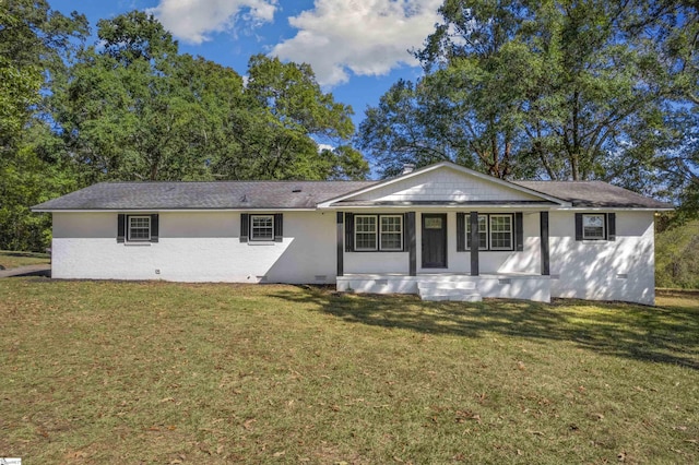 ranch-style house with a front yard, covered porch, and crawl space