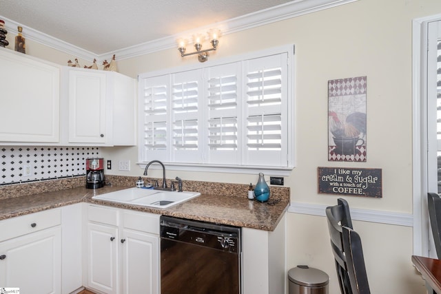 kitchen with a sink, dishwasher, crown molding, and white cabinetry