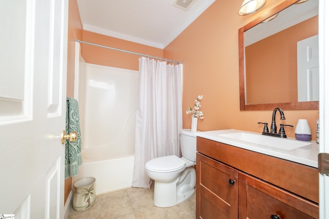 full bathroom with tile patterned floors, visible vents, toilet, shower / bath combination with curtain, and vanity