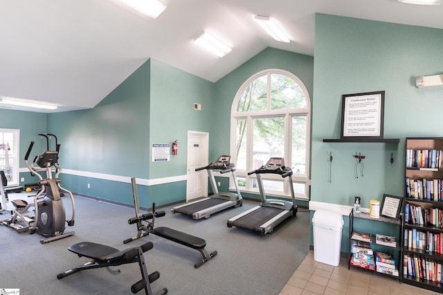 workout area featuring lofted ceiling and baseboards