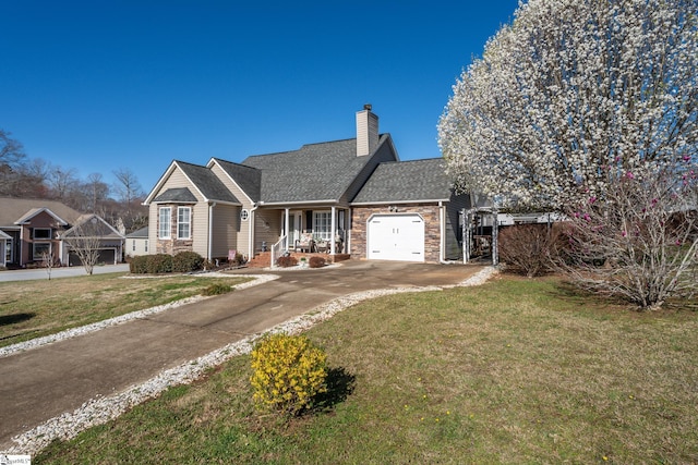 view of front of property with a shingled roof, a front lawn, a garage, stone siding, and driveway