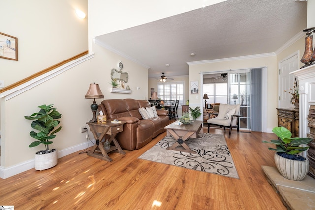 living area with wood finished floors, baseboards, a fireplace with raised hearth, ornamental molding, and a textured ceiling