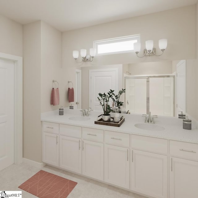 bathroom featuring a sink, a stall shower, and double vanity