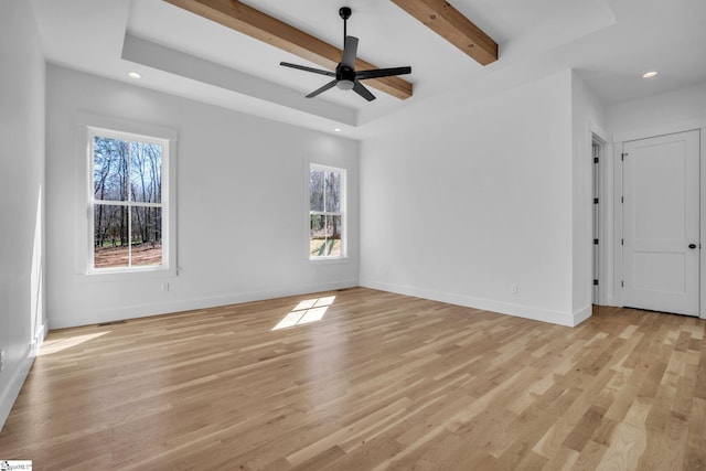 spare room featuring beam ceiling, recessed lighting, baseboards, and light wood-type flooring