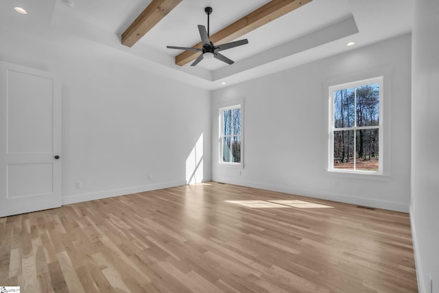 spare room featuring visible vents, baseboards, light wood finished floors, beam ceiling, and recessed lighting