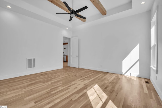 spare room featuring light wood finished floors, visible vents, recessed lighting, and baseboards