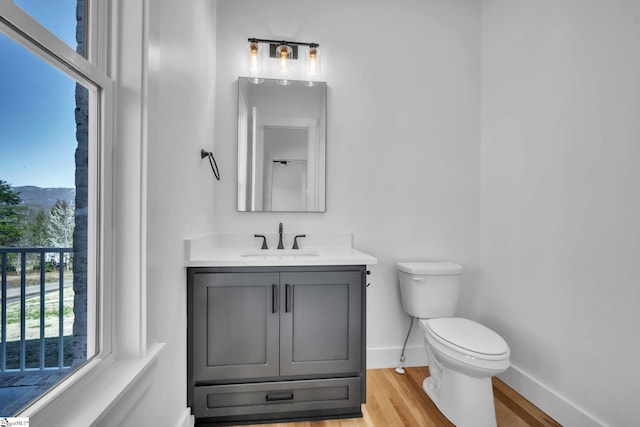 half bath with toilet, vanity, baseboards, and wood finished floors