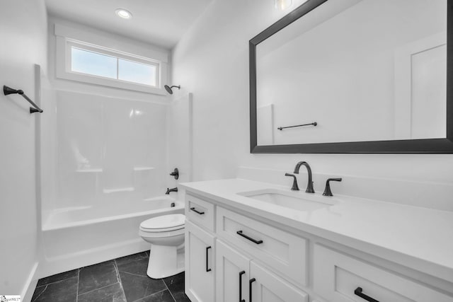 bathroom with vanity, toilet, recessed lighting, and shower / washtub combination